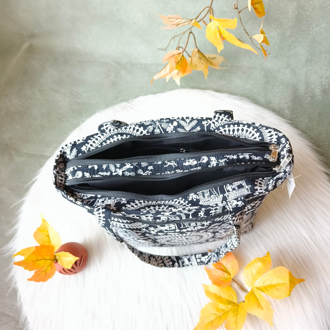 9Am to 5Pm tote Black white print bag