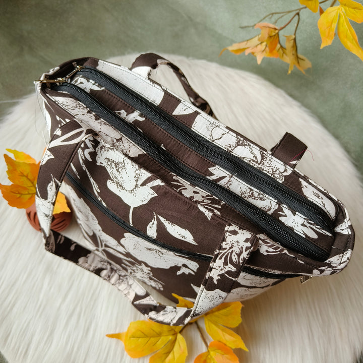 9Am to 5Pm tote Brown with white floral print
