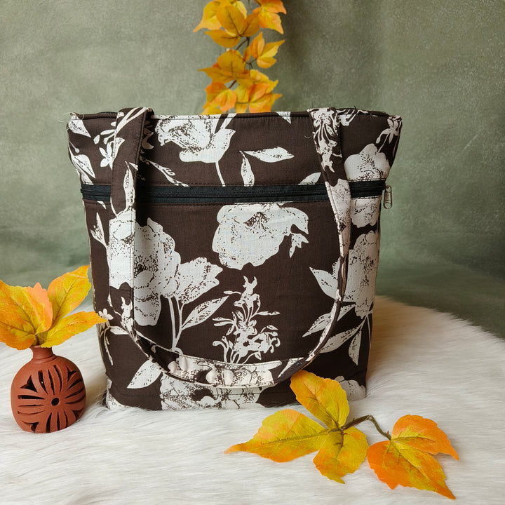 9Am to 5Pm tote Brown with white floral print