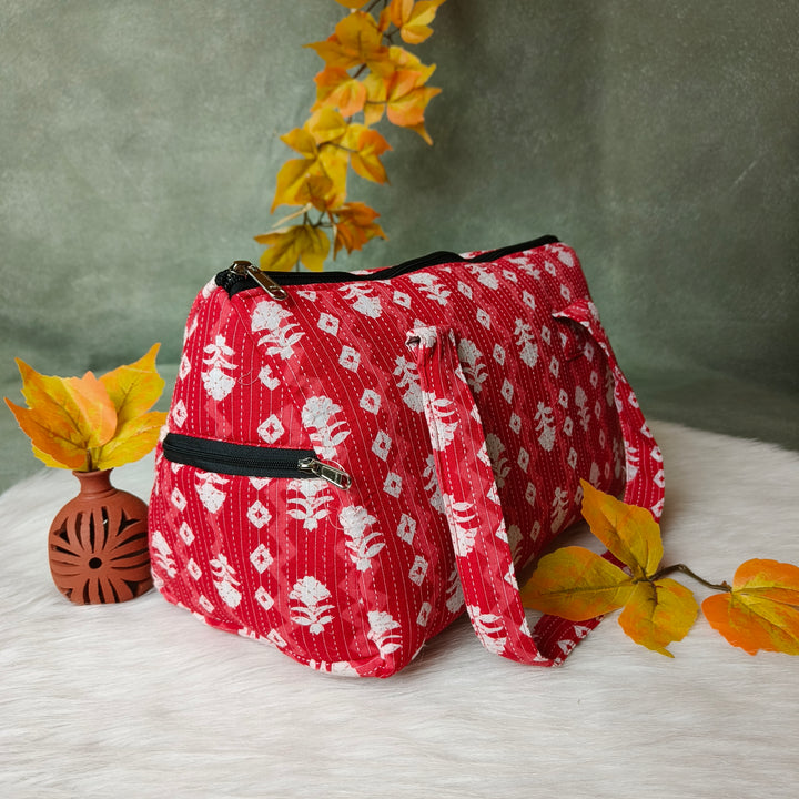 Barrel Handbag red with white diamond print