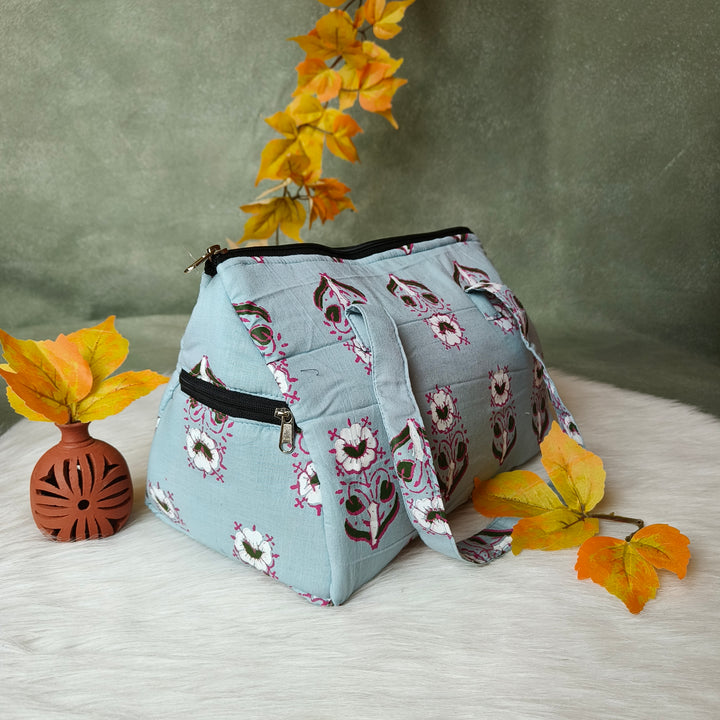 Barrel Handbag blue with white flower print
