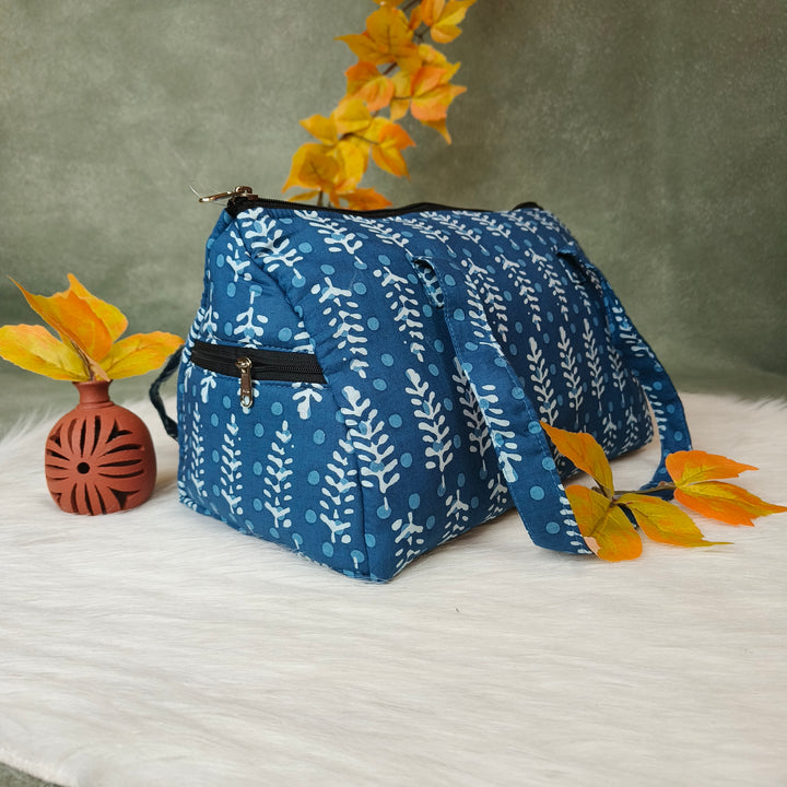 Barrel Handbag blue with white leaf print