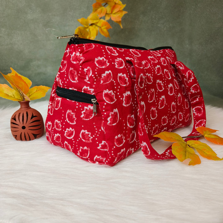 Barrel Handbag red with with bud print