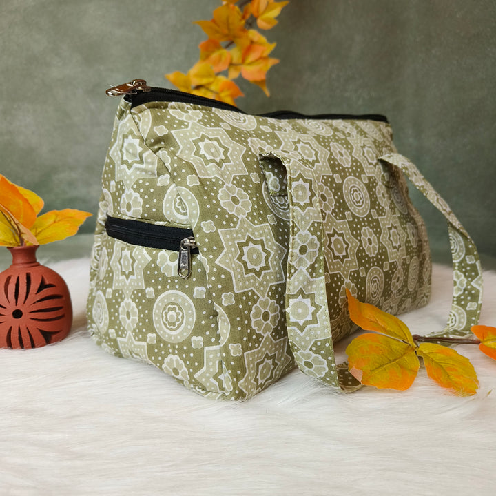 Barrel Handbag green with white print