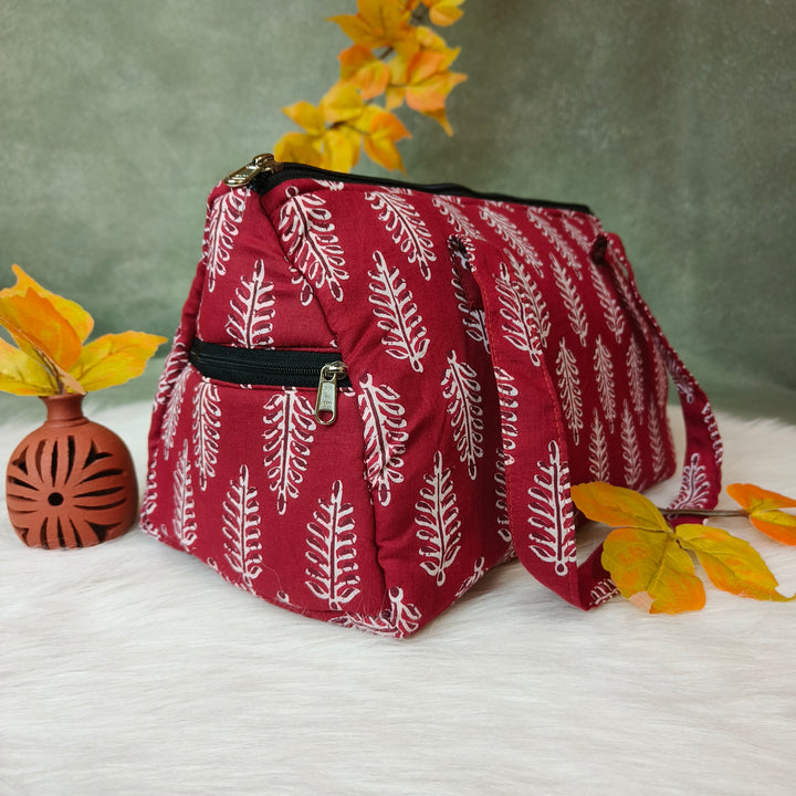Barrel Handbag Red with leaf print