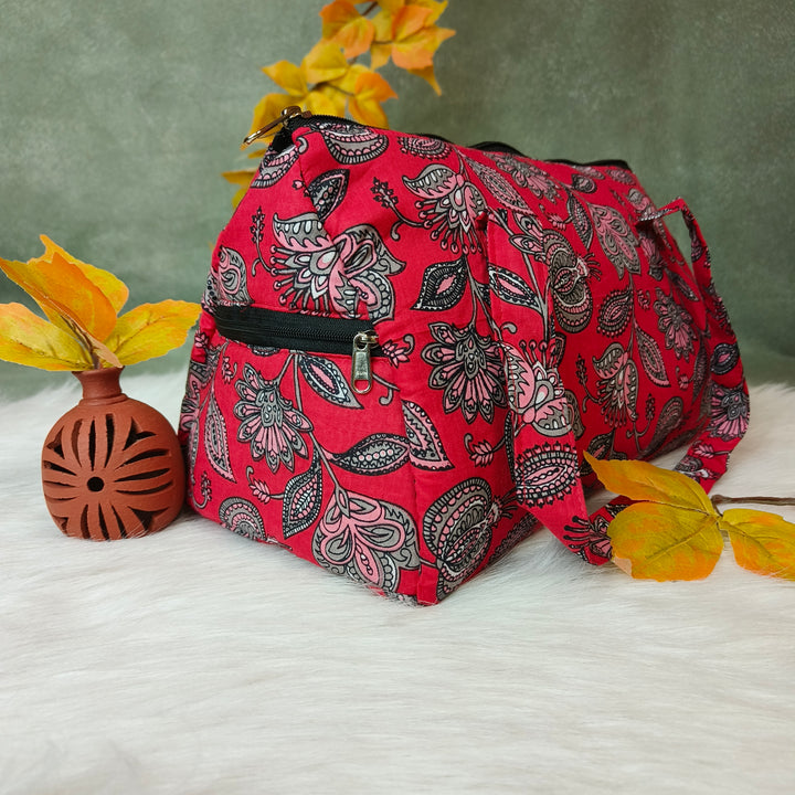 Barrel Handbag red floral print