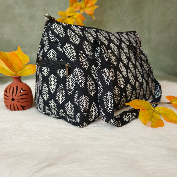 Barrel Handbag black leaf print