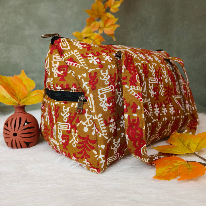 Barrel Handbag brown warli print
