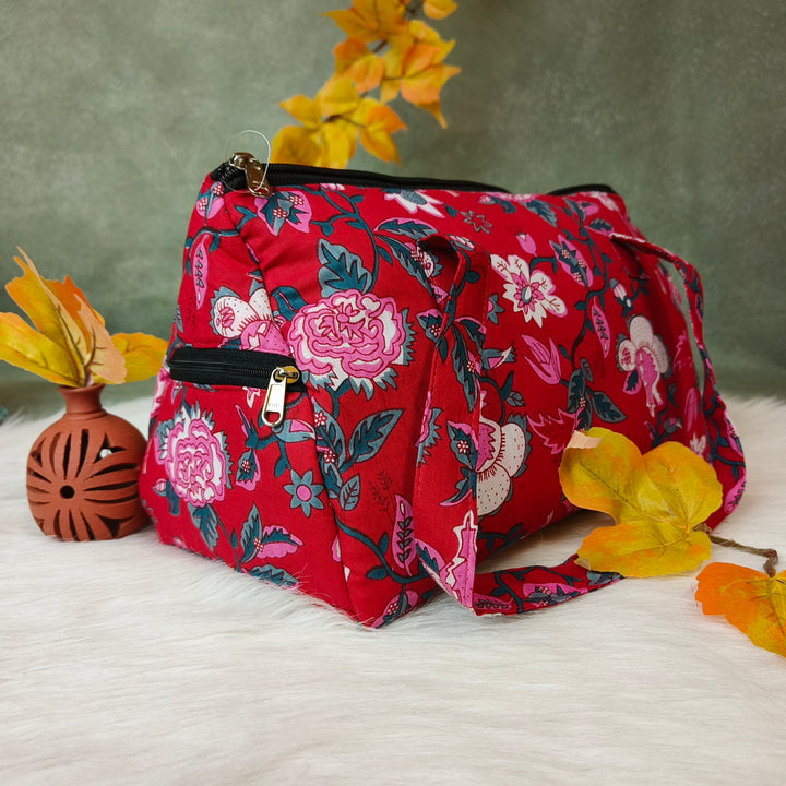 Barrel Handbag blue with white block print