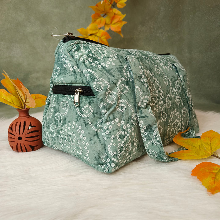 Barrel Handbag green with white dot print