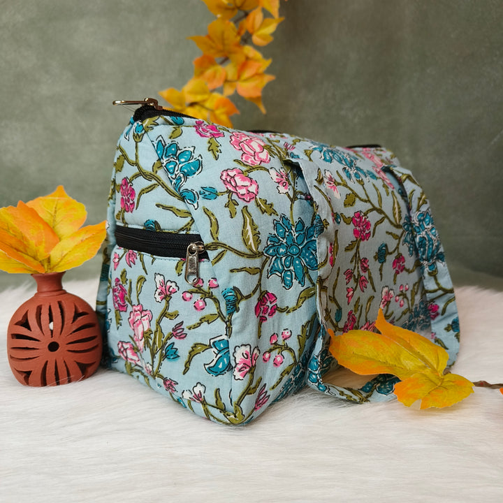 Barrel Handbag green with branch flower