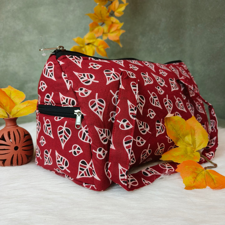 Barrel Handbag brown with white leaf print