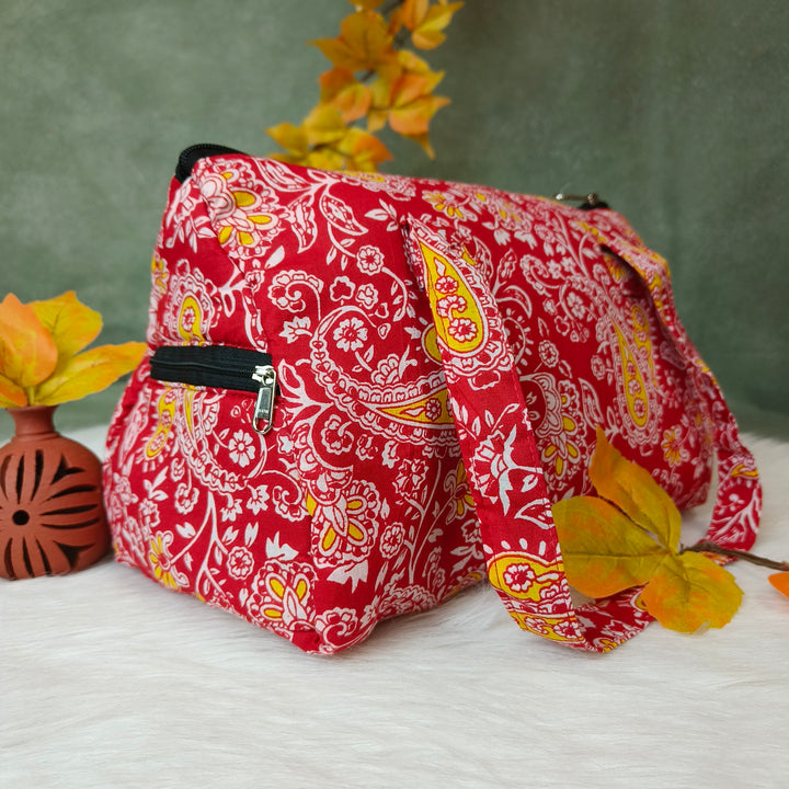 Barrel Handbag red with yellow mango design