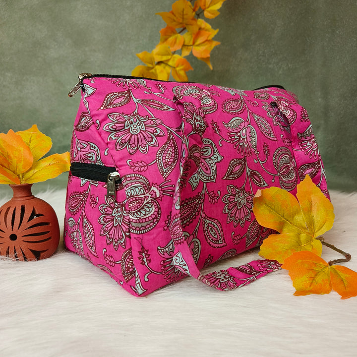 Barrel Handbag rose with white flower print