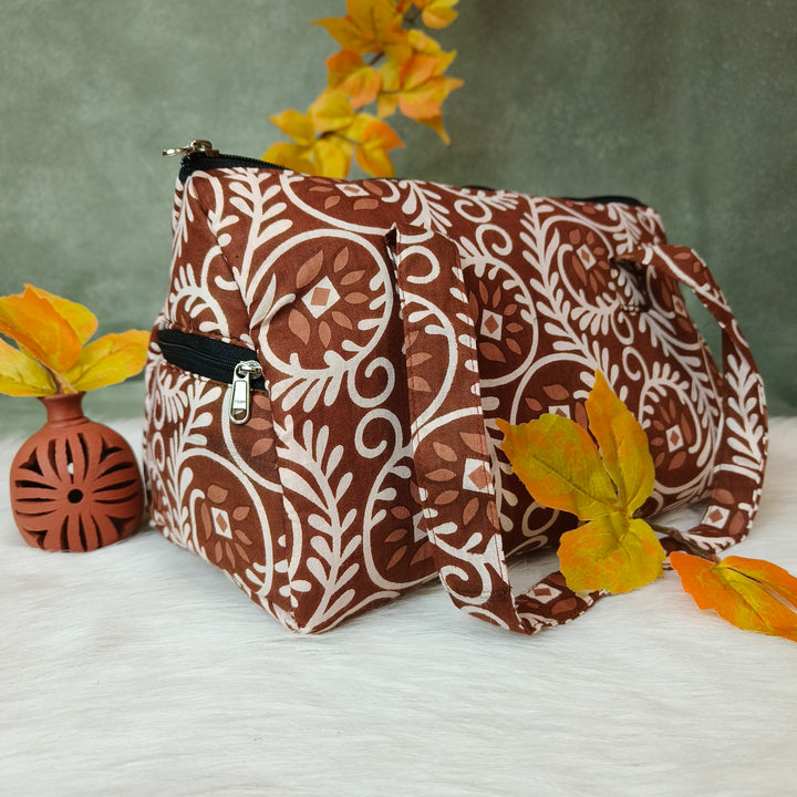 Barrel Handbag brown with white mixed print