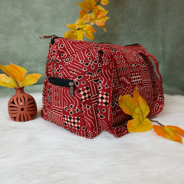 Barrel Handbag red with black geometric print