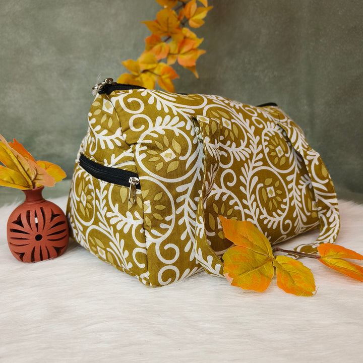 Barrel Handbag green with white floral print