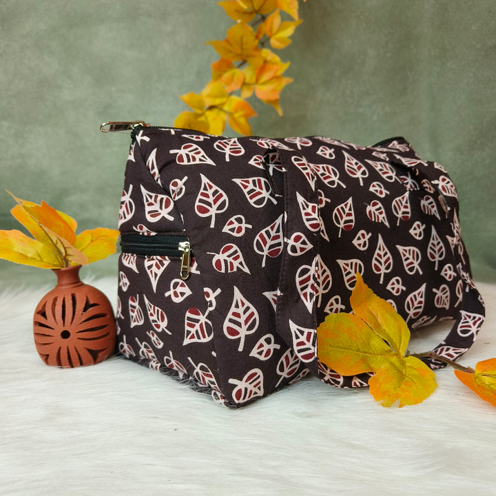 Barrel Handbag brown with white leaf print