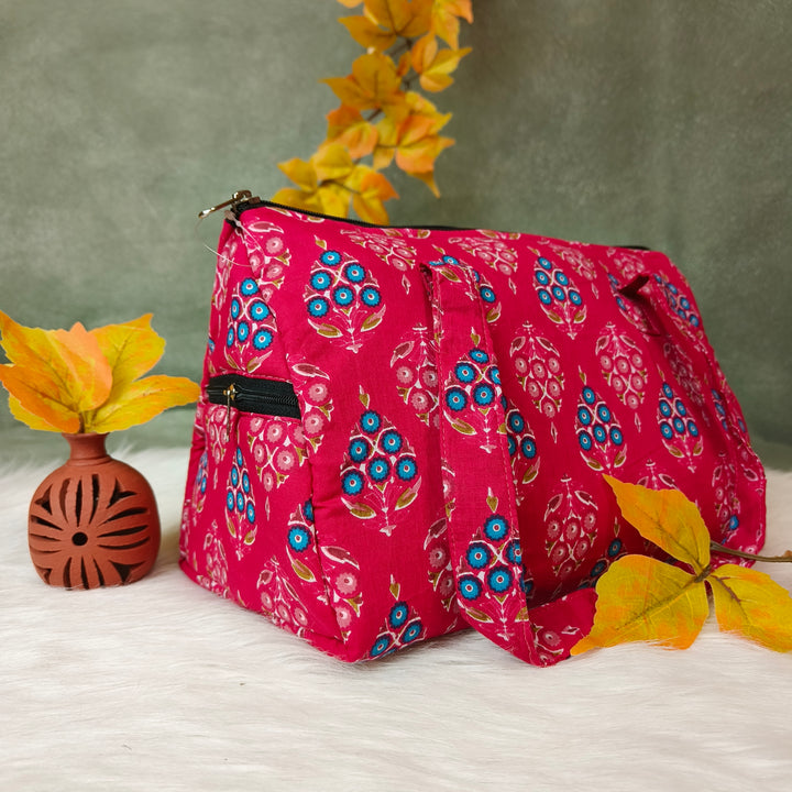 Barrel Handbag pink with blue dot print