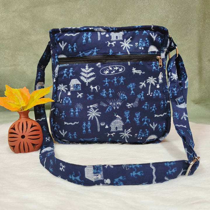 Xtra Sling bag blue with white warli print