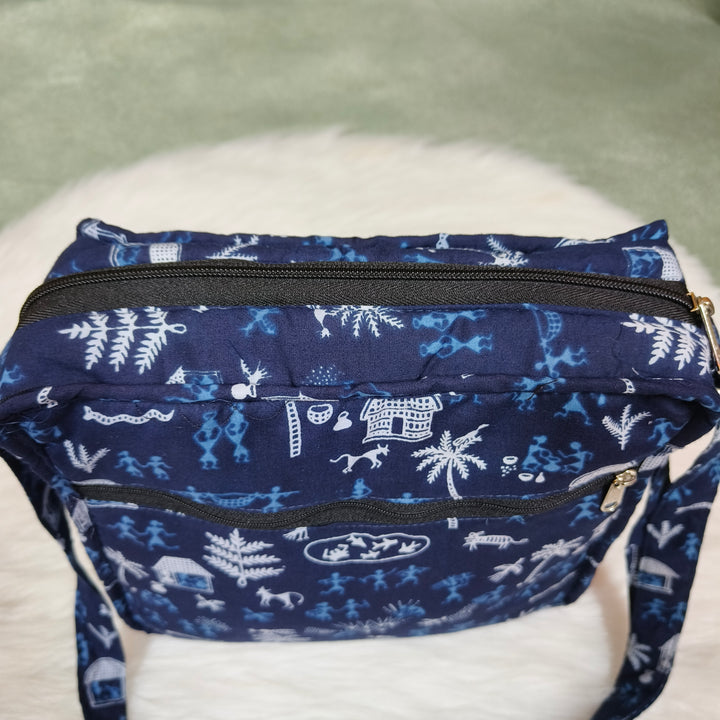 Xtra Sling bag blue with white warli print