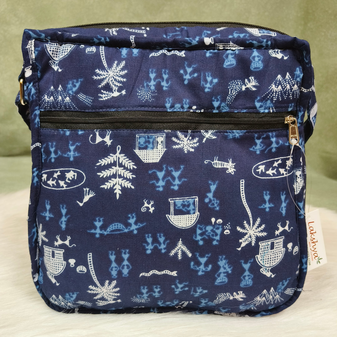 Xtra Sling bag blue with white warli print