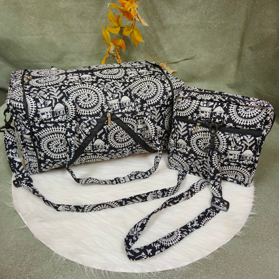 Expandable Travel Bag black with white warli print
