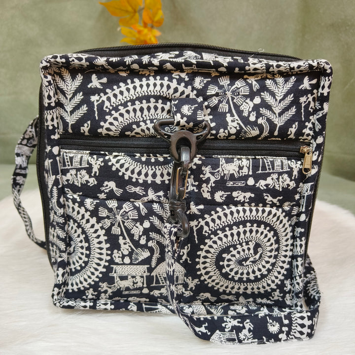 Expandable Travel Bag black with white warli print