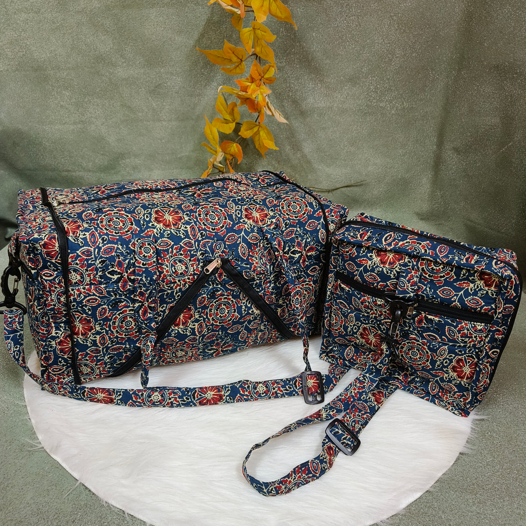 Expandable Travel Bag Blue with white Floral Design