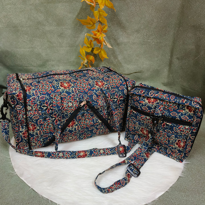 Expandable Travel Bag Blue with white Floral Design
