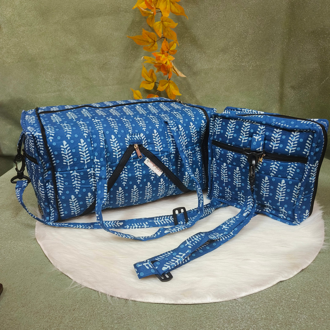 Expandable Travel Bag blue with floral leaf print