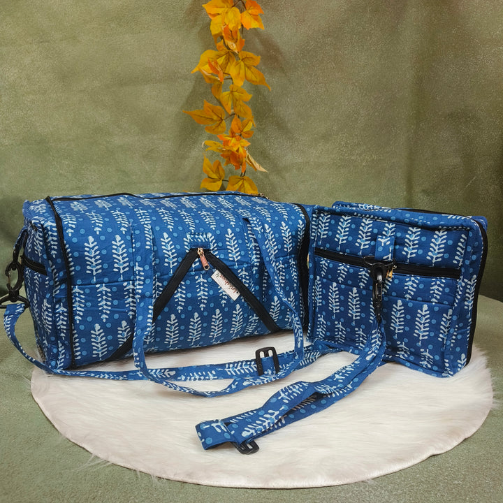 Expandable Travel Bag blue with floral leaf print