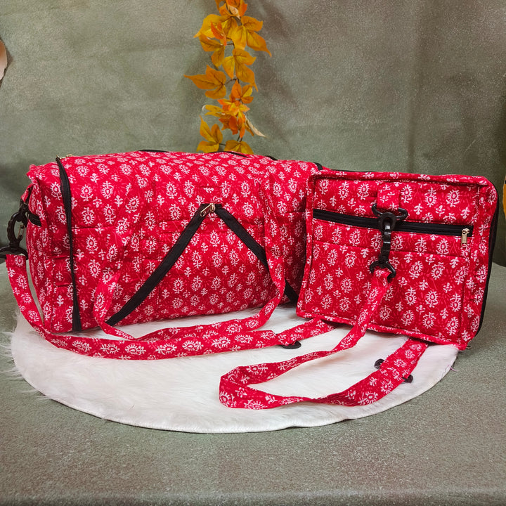 Expandable Travel Bag Red with small leaf print