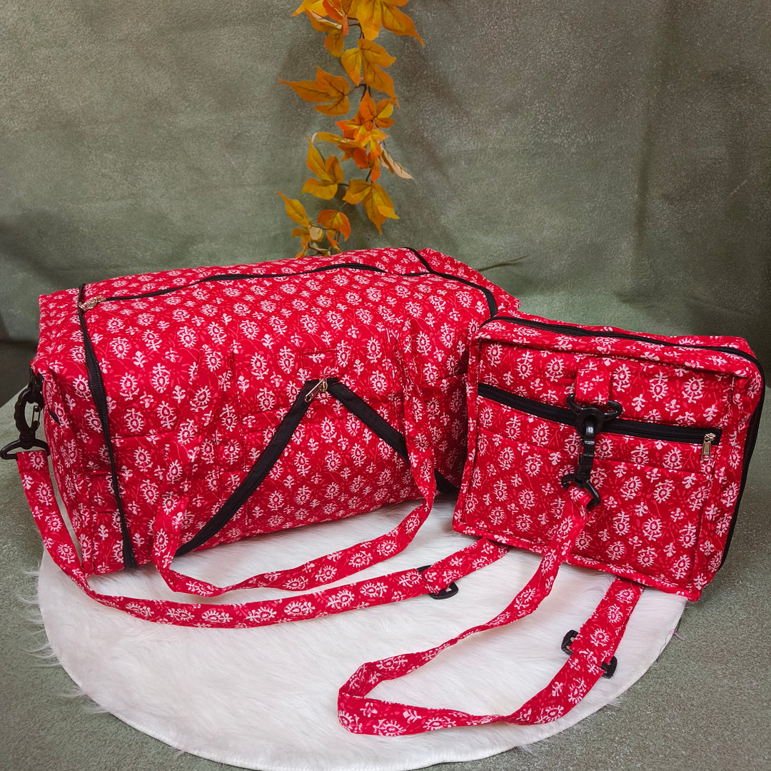 Expandable Travel Bag Red with small leaf print