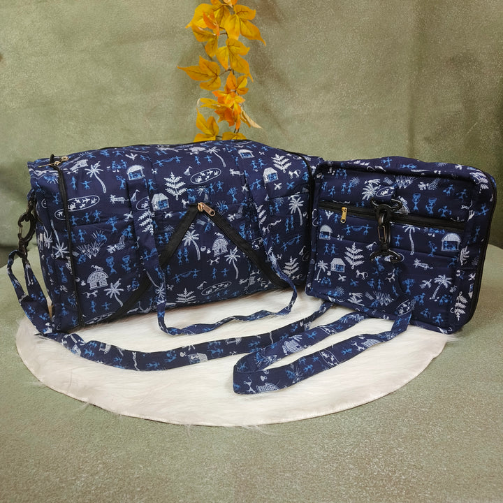 Expandable Travel Bag Dark blue with warli print