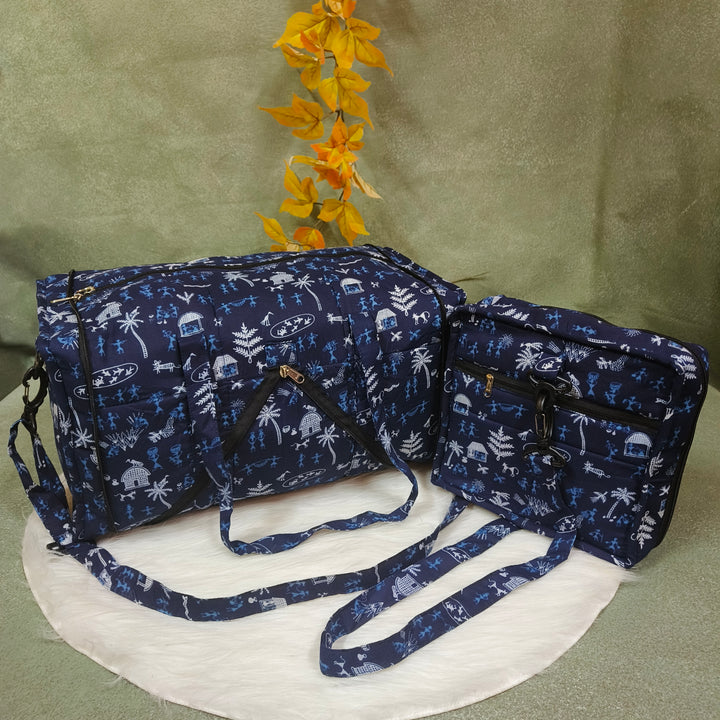 Expandable Travel Bag Dark blue with warli print
