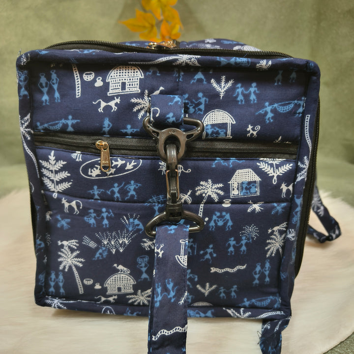 Expandable Travel Bag Dark blue with warli print