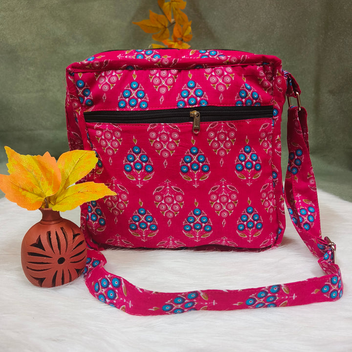 Xtra Sling bag blue with Dark pink with blue dot print