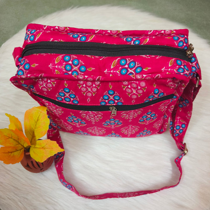 Xtra Sling bag blue with Dark pink with blue dot print