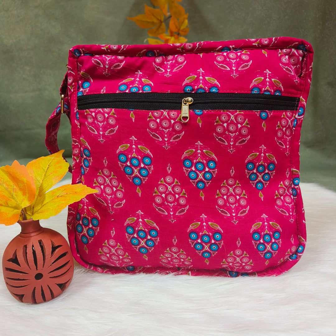 Xtra Sling bag blue with Dark pink with blue dot print
