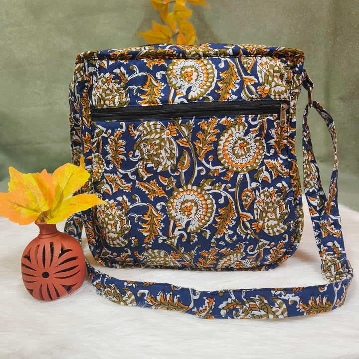 Xtra Sling bag blue with Dark blue with yellow flower print