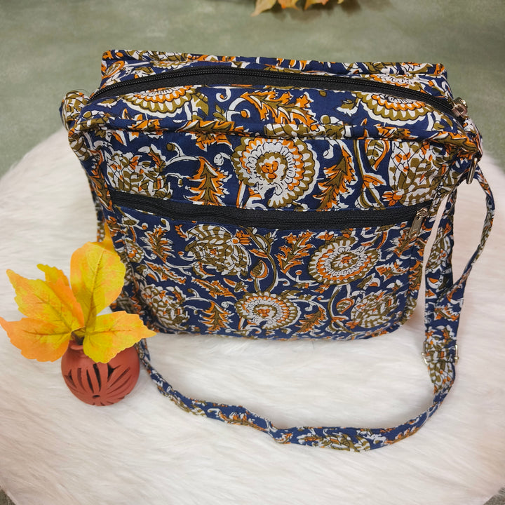 Xtra Sling bag blue with Dark blue with yellow flower print