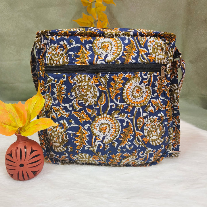 Xtra Sling bag blue with Dark blue with yellow flower print
