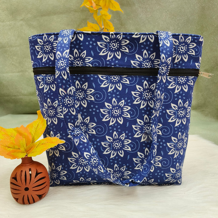9Am to 5Pm tote blue with flower print