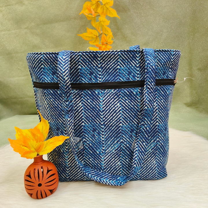 9Am to 5Pm tote blue with strip print