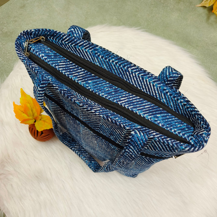 9Am to 5Pm tote blue with strip print