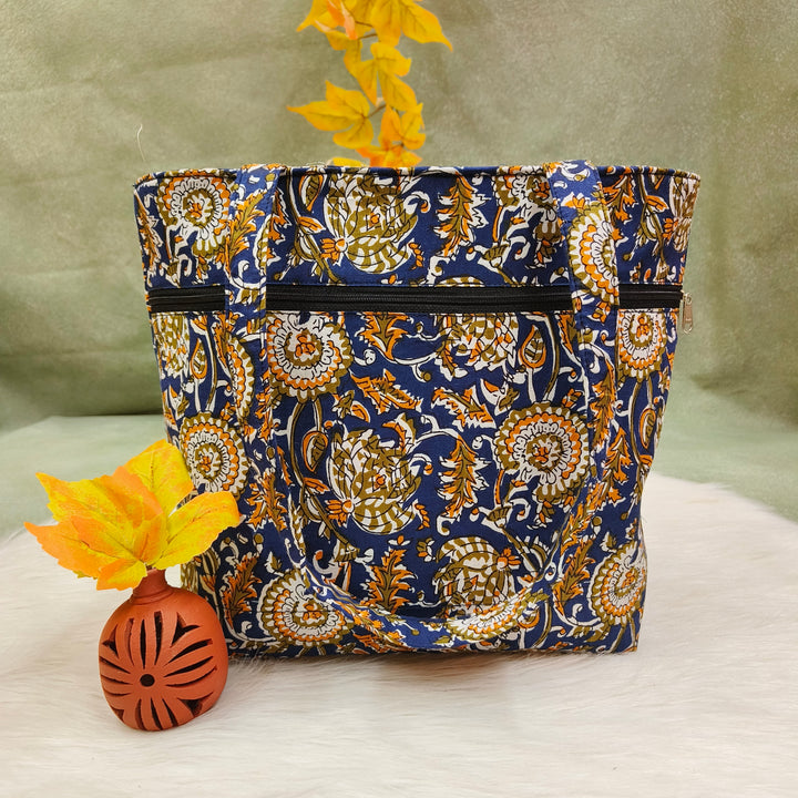 9Am to 5Pm tote blue with yellow flower print