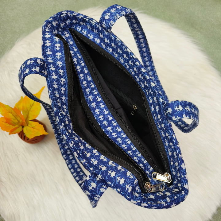9Am to 5Pm tote blue with small leaf print
