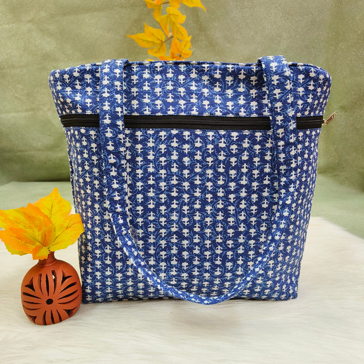 9Am to 5Pm tote blue with small leaf print