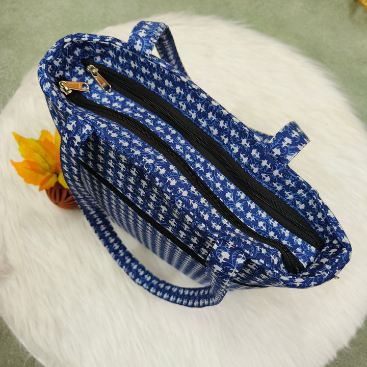 9Am to 5Pm tote blue with small leaf print
